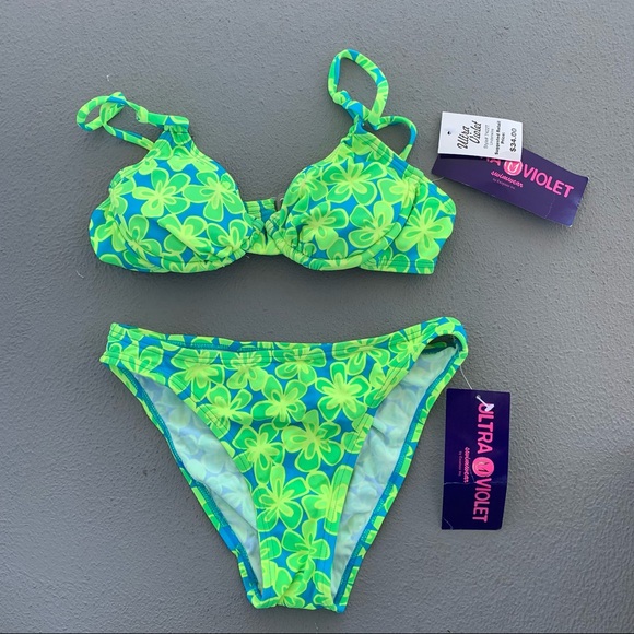 Vintage 80s Ultra Violet neon green floral bikini